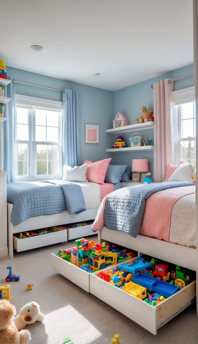 kids shared bedroom boy and girl - A shared children's bedroom with twin beds and under-bed storage drawers filled with toys, showing a boy and girl’s play area.