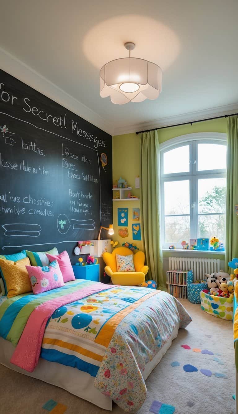 kids shared bedroom boy and girl - A shared bedroom for a boy and girl with a large chalkboard wall, colorful bedding, toys, and natural light creating a warm and inviting atmosphere.
