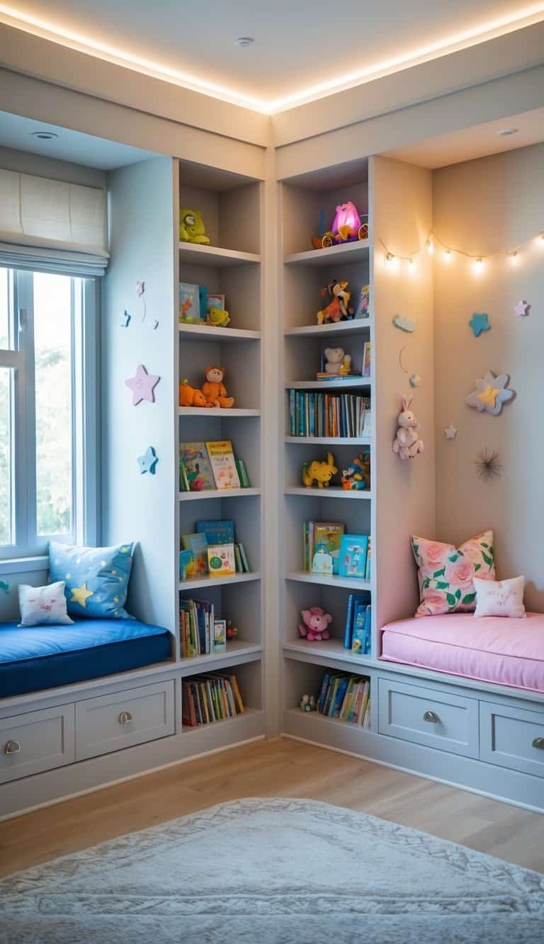 kids shared bedroom boy and girl - A shared children's bedroom with two separate cozy reading nooks, one decorated for a boy and the other for a girl, separated by a central shelving unit.