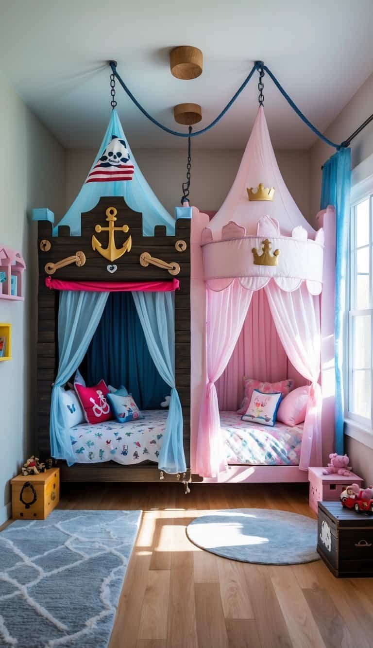 kids shared bedroom boy and girl - A shared children's bedroom with a hanging tent bed combining pirate and princess themes, featuring a pirate ship design on one side and a princess castle design on the other.