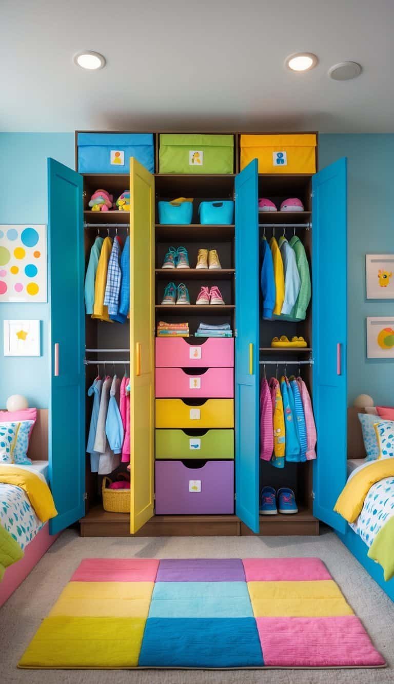 kids shared bedroom boy and girl - A shared children's bedroom with a color-coded closet divided into sections, twin beds, and organized storage for a boy and a girl.