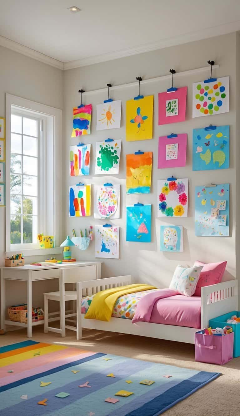 kids shared bedroom boy and girl - A shared bedroom for a boy and girl with a colorful art display wall, bunk bed, desk with art supplies, and organized storage.