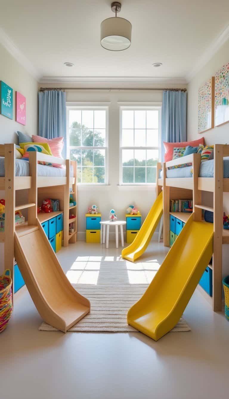 kids shared bedroom boy and girl - A shared children's bedroom with two loft beds featuring slides, play areas underneath, and colorful decorations for a boy and girl.