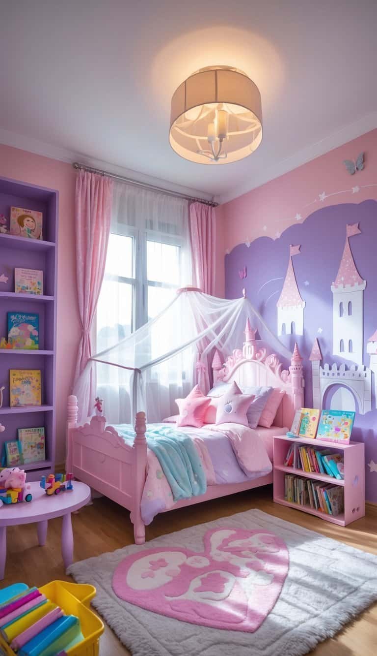 Girl Bedroom Designs For Kids - A bright and colorful girl's bedroom with a cozy bed, pastel bedding, fairy tale decorations, toys, and a window letting in natural light.