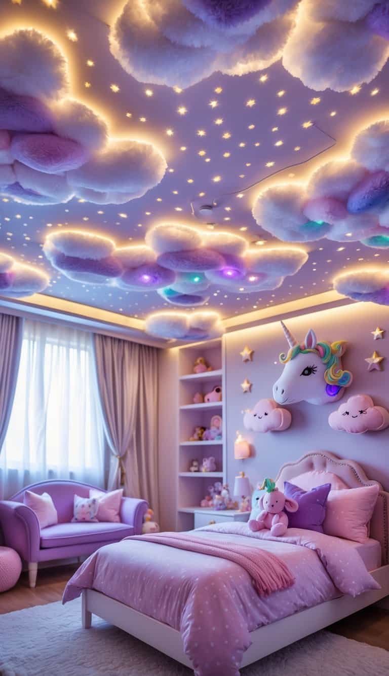 Girl Bedroom Designs For Kids - A girl's bedroom with a ceiling decorated with unicorn-shaped clouds and glow-in-the-dark stars, featuring pastel-colored furniture and a cozy bed.