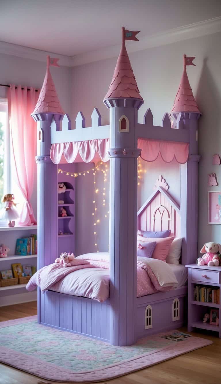 Girl Bedroom Designs For Kids - A girl's bedroom with a princess castle bed featuring a turret canopy, surrounded by toys and cozy decor.