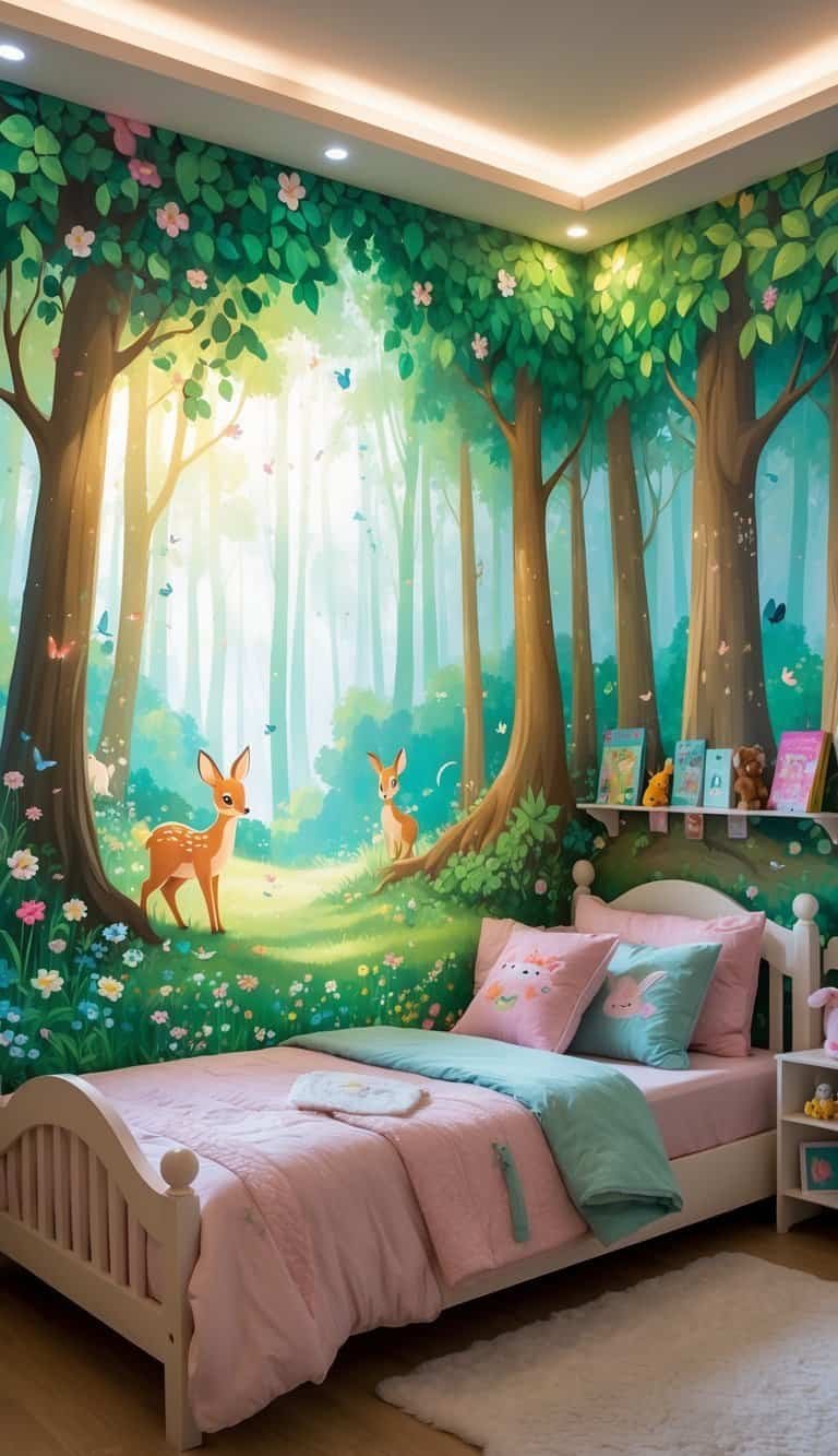 Girl Bedroom Designs For Kids - A children's bedroom with a large wall mural of a fairy tale forest featuring trees, flowers, and woodland animals, furnished with a cozy bed and playful decorations.