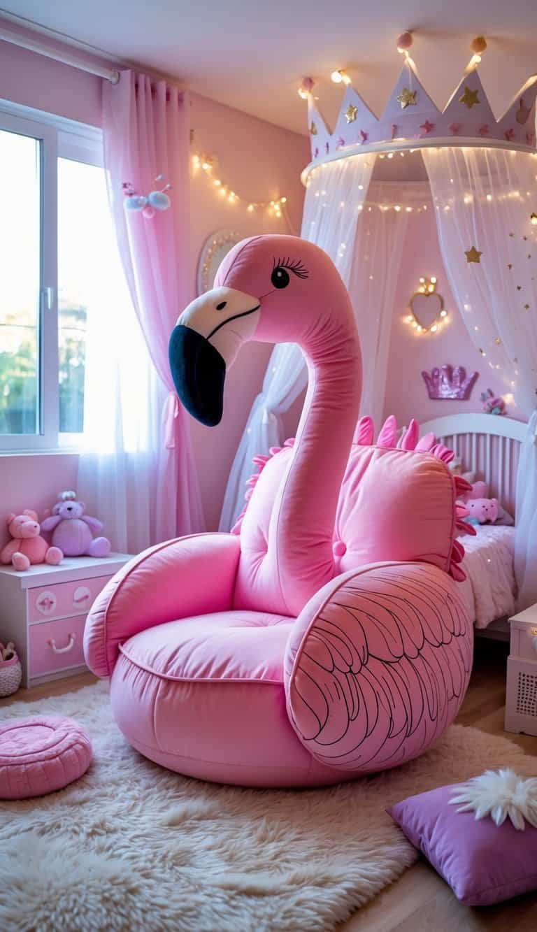 Girl Bedroom Designs For Kids - A colorful children's bedroom with a giant stuffed flamingo chair surrounded by toys and princess-themed decorations.