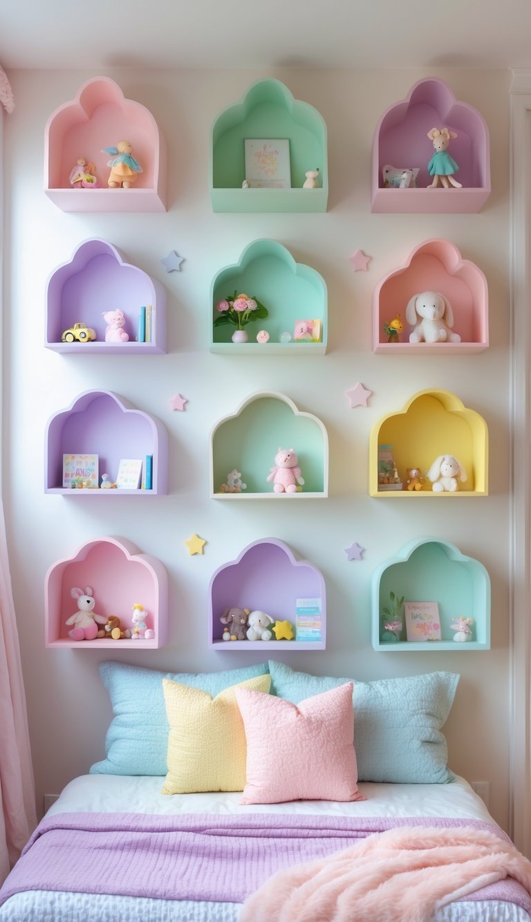 Girl Bedroom Designs For Kids - A colorful girl’s bedroom with pastel rainbow-shaped wall shelves holding toys and books, a cozy bed with soft pillows, and playful decorations.