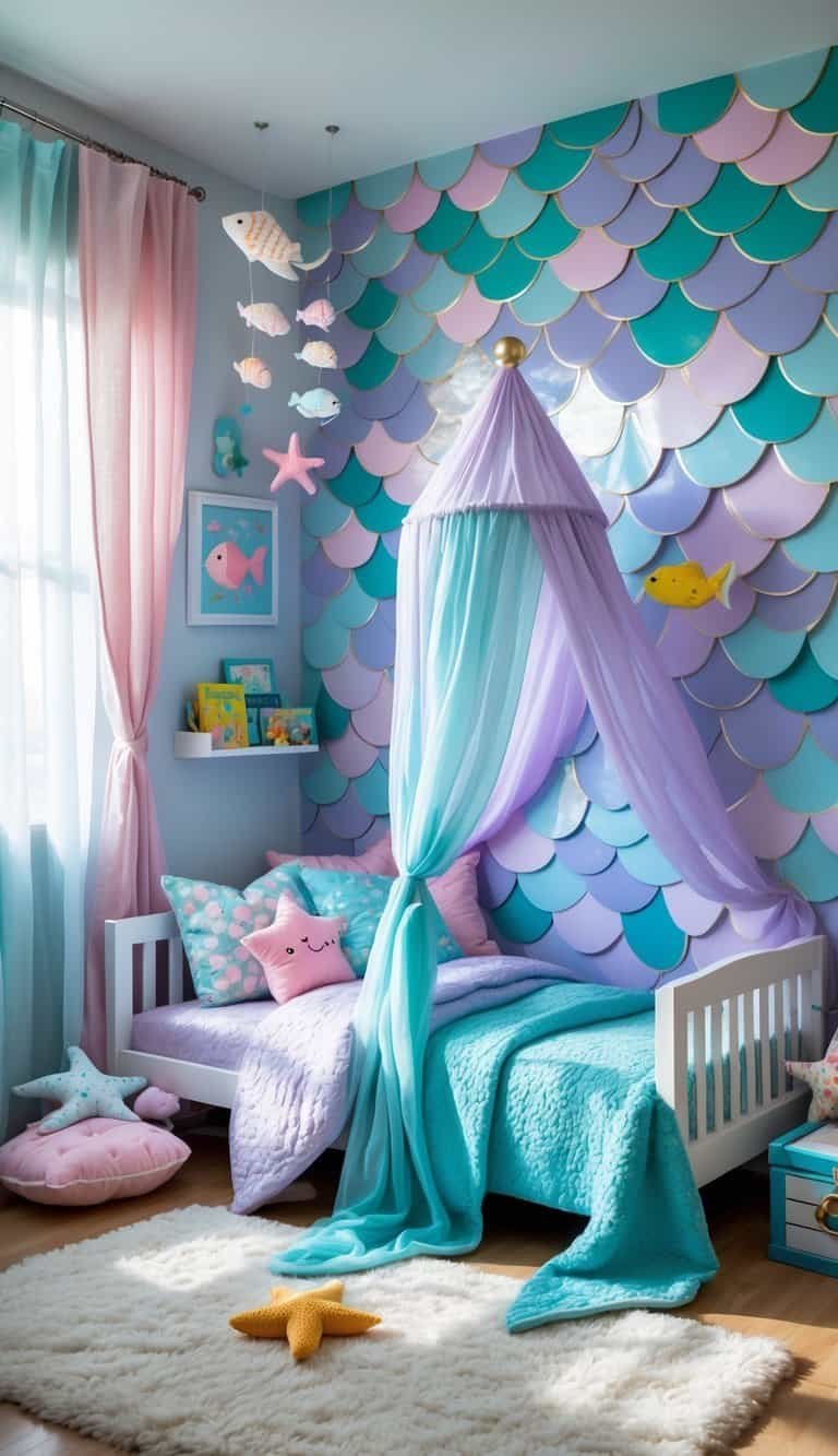 Girl Bedroom Designs For Kids - A colorful children's bedroom with mermaid scale wallpaper, a canopy bed, ocean-themed decorations, and cozy reading nook.