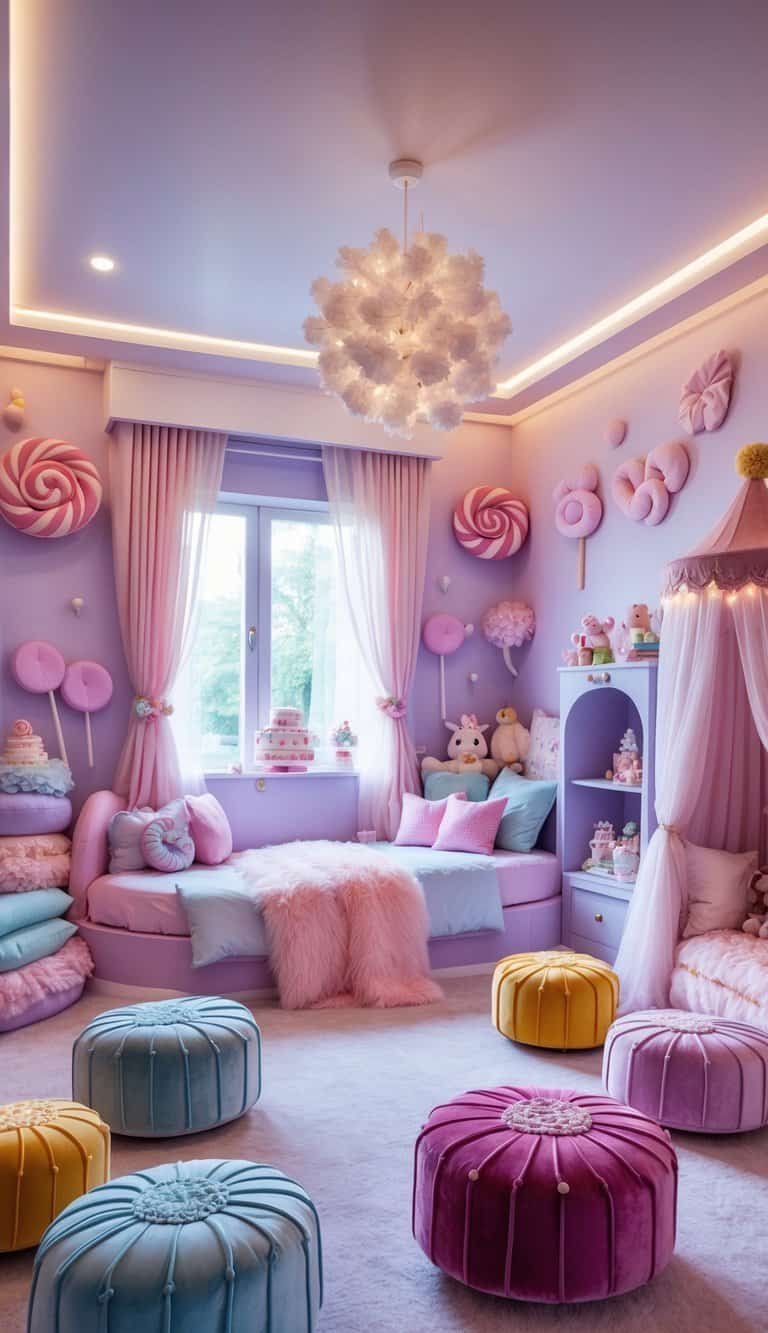 Girl Bedroom Designs For Kids - A colorful girl's bedroom with velvet poufs shaped like sweets, soft cushions, and playful decorations.