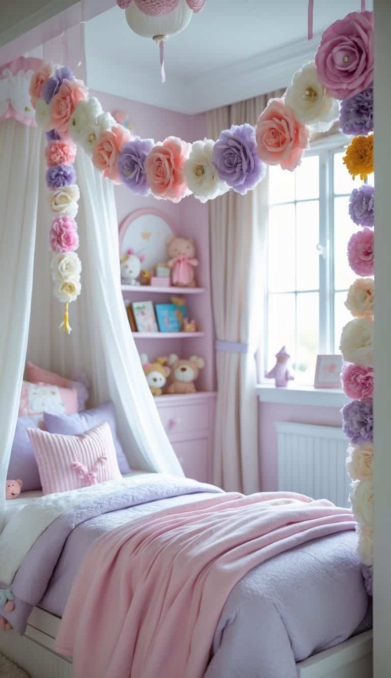 Girl Bedroom Designs For Kids - A child's bedroom decorated with a colorful handmade flower garland hanging across the room, featuring a cozy bed, toys, and soft natural light.