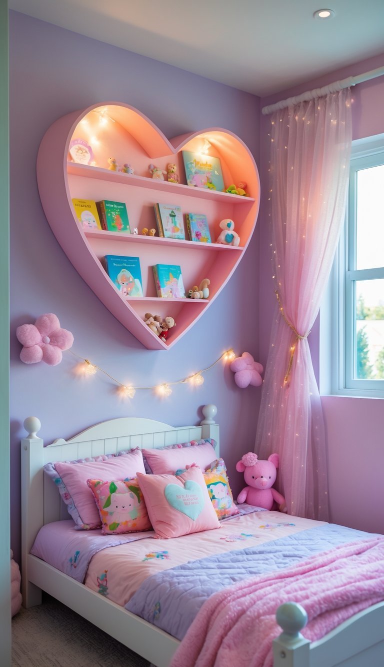 Girl Bedroom Designs For Kids - A girl's bedroom with a heart-shaped floating bookshelf filled with books and toys, decorated with soft colors and playful elements.