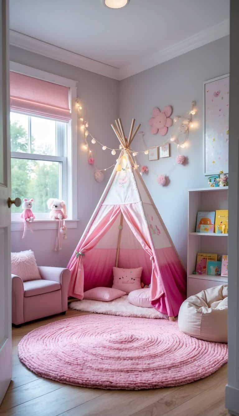 Girl Bedroom Designs For Kids - A cozy girl's bedroom with a pink ombre teepee rug, soft cushions, fairy lights, and child-sized furniture.