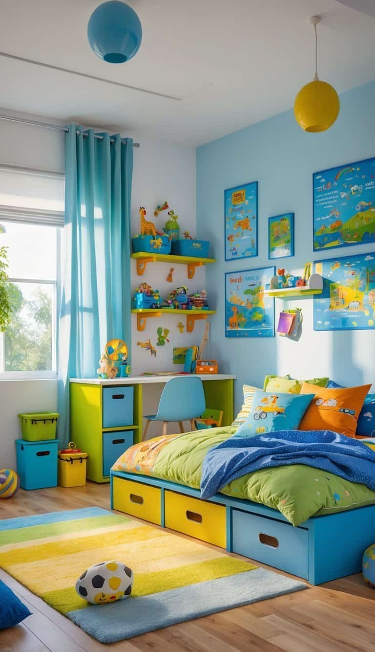 Boy Bedroom Design For Kids - A bright and organized boy's bedroom with a bed, toys, books, desk, and colorful decorations.