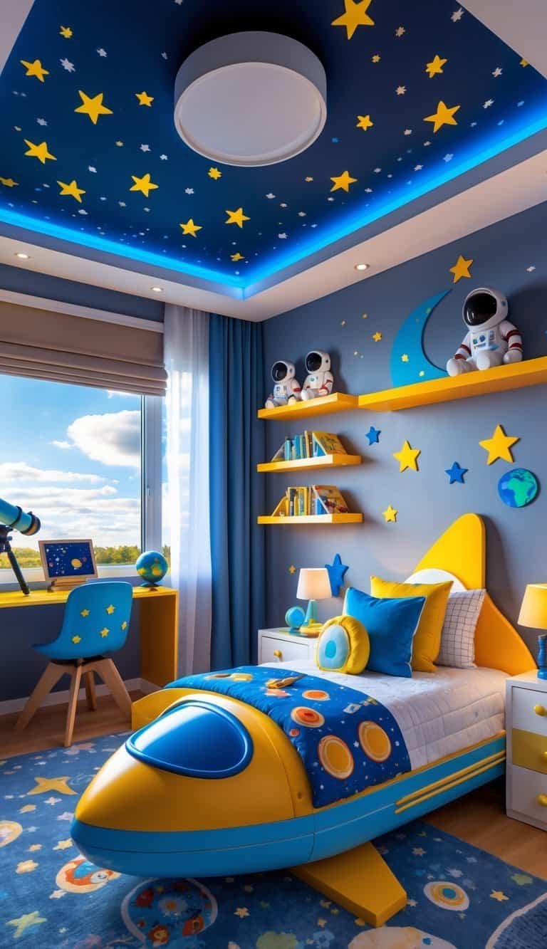 Boy Bedroom Design For Kids - A child's bedroom with a rocket-shaped bed, space-themed decorations, and a telescope near the window.