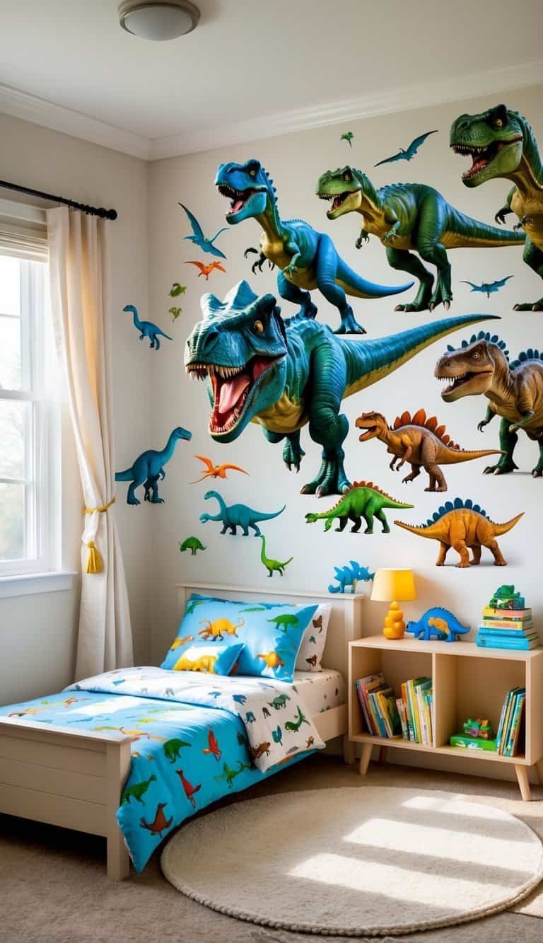 Boy Bedroom Design For Kids - A boy's bedroom decorated with colorful dinosaur wall decals, a bed with dinosaur bedding, a bookshelf with toys, and a window letting in natural light.