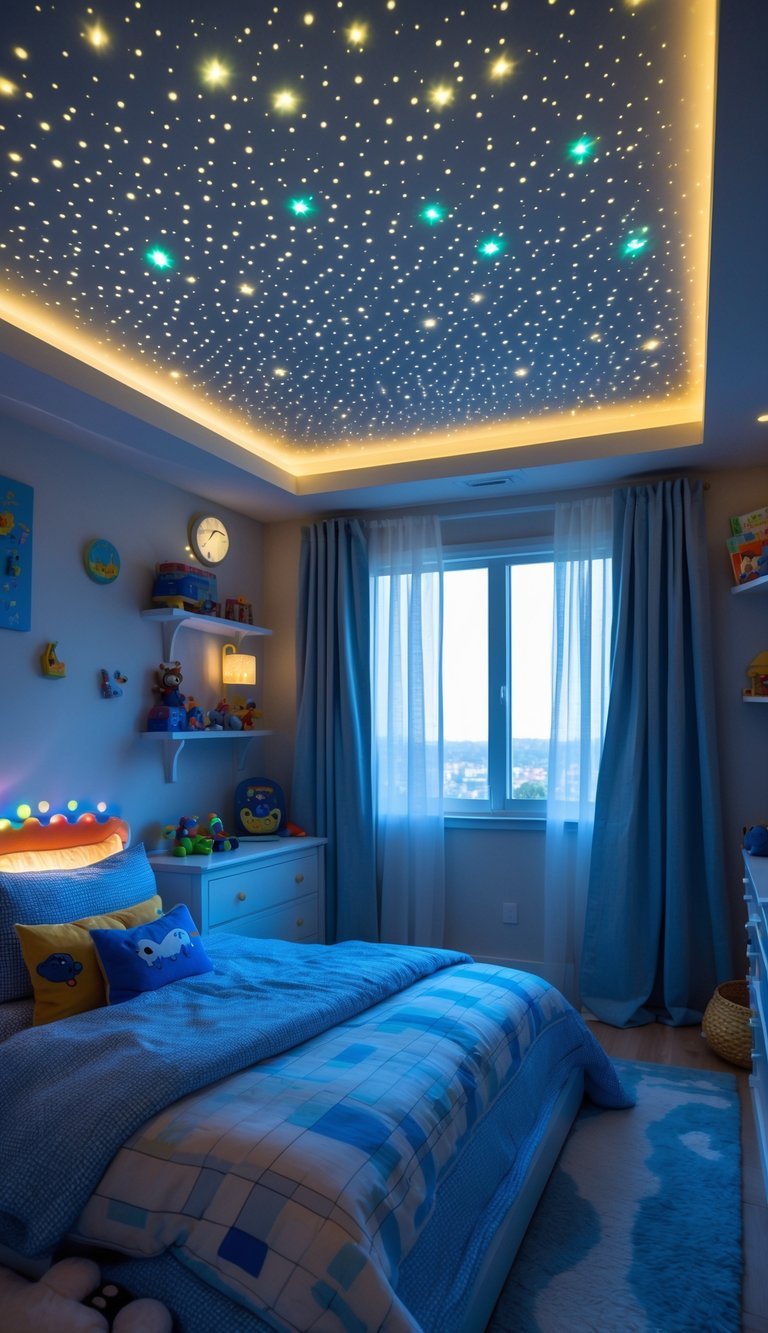 Boy Bedroom Design For Kids - A boy's bedroom with a glowing starry ceiling, a bed with colorful bedding, shelves with toys and books, and soft lighting creating a cozy atmosphere.