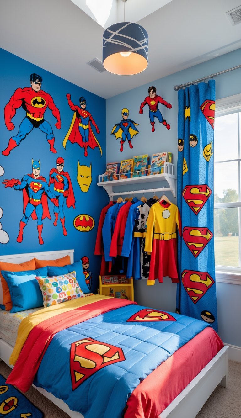 Boy Bedroom Design For Kids - A boy's bedroom decorated with superhero costumes, colorful bedding, and superhero-themed wall art, with a costume rack and toys arranged neatly.