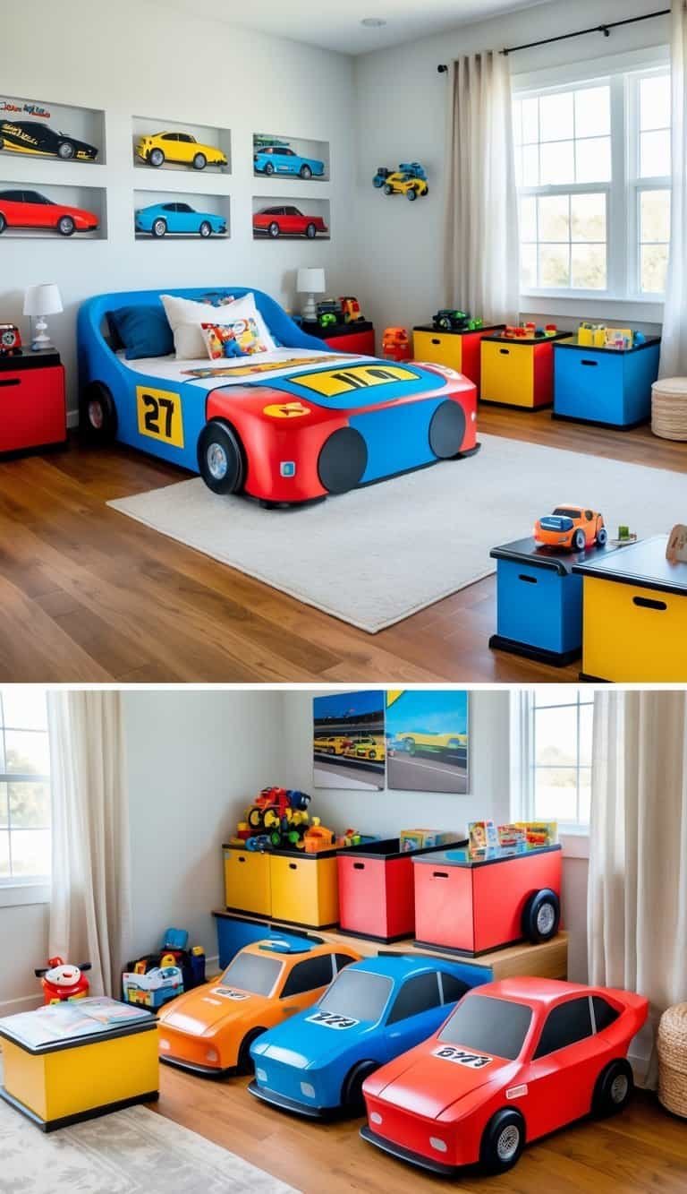 Boy Bedroom Design For Kids - A boy's bedroom with ten race car shaped storage boxes, a bed, toys, and bright natural light.