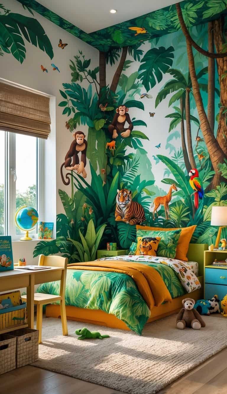 Boy Bedroom Design For Kids - A boy's bedroom decorated with a jungle mural, featuring trees, animals, and themed bedding.