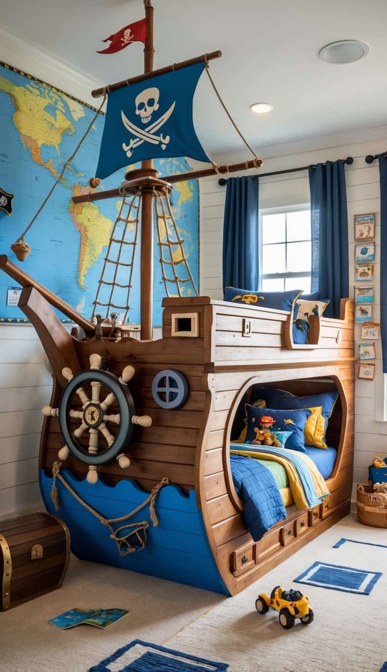 Boy Bedroom Design For Kids - A children's bedroom with a pirate ship-themed bunk bed and nautical decorations.