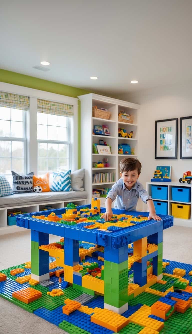 Boy Bedroom Design For Kids - A boy playing at a large Lego building table in a colorful and organized bedroom designed for children.