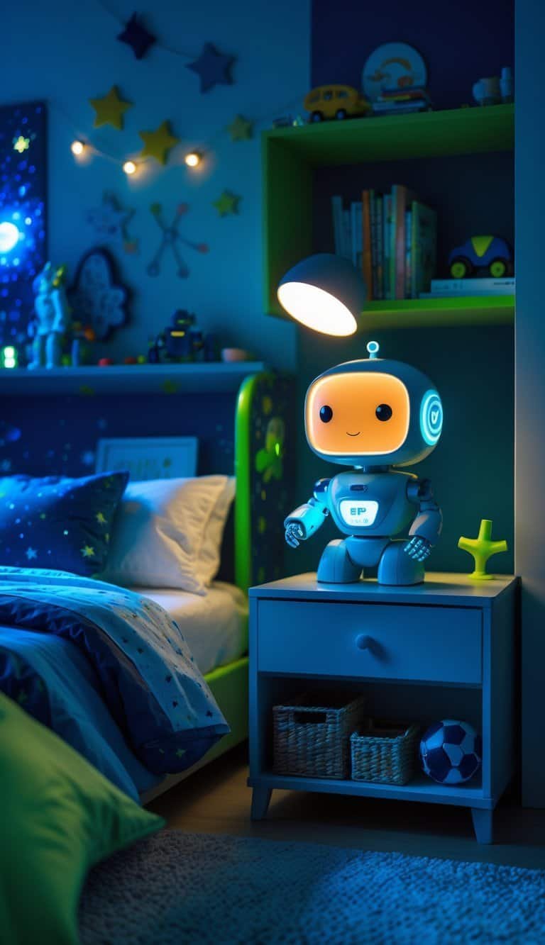 Boy Bedroom Design For Kids - A boy's bedroom at night with a glowing robot night light on a bedside table, surrounded by space-themed decor and cozy bedding.