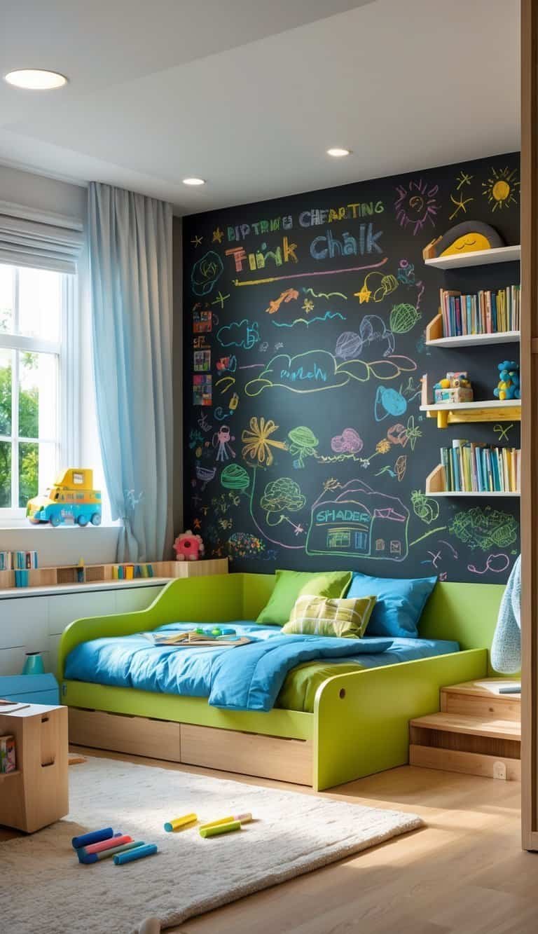 Boy Bedroom Design For Kids - A boy's bedroom with a large chalkboard wall covered in colorful drawings, a bed with blue and green bedding, wooden furniture, shelves with toys and books, and natural light coming through a window.