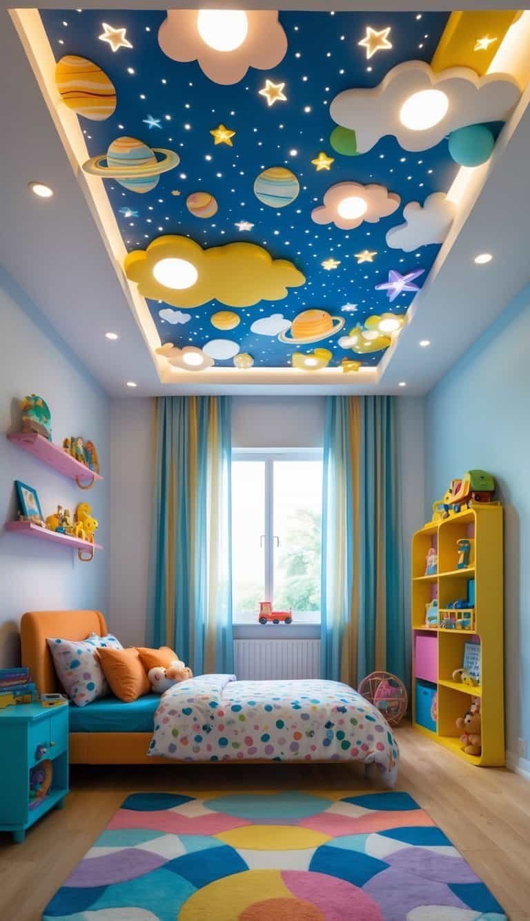 Kids Bedroom Ceiling Design - A children's bedroom with a colorful ceiling decorated with clouds, stars, and planets, featuring a cozy bed, bookshelf, and window letting in natural light.