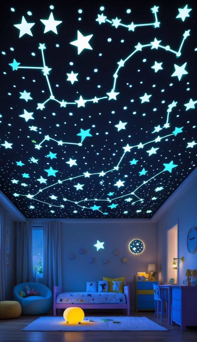 Kids Bedroom Ceiling Design - Children's bedroom with a dark ceiling covered in glowing star constellations and a cozy bed below.