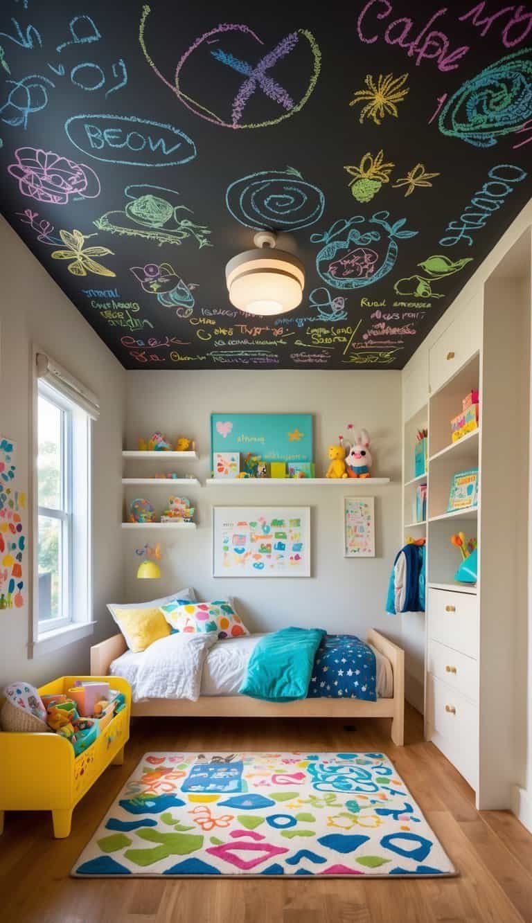 Kids Bedroom Ceiling Design - A children's bedroom with a ceiling covered in colorful chalkboard doodles and drawings, featuring child-friendly furniture and toys.