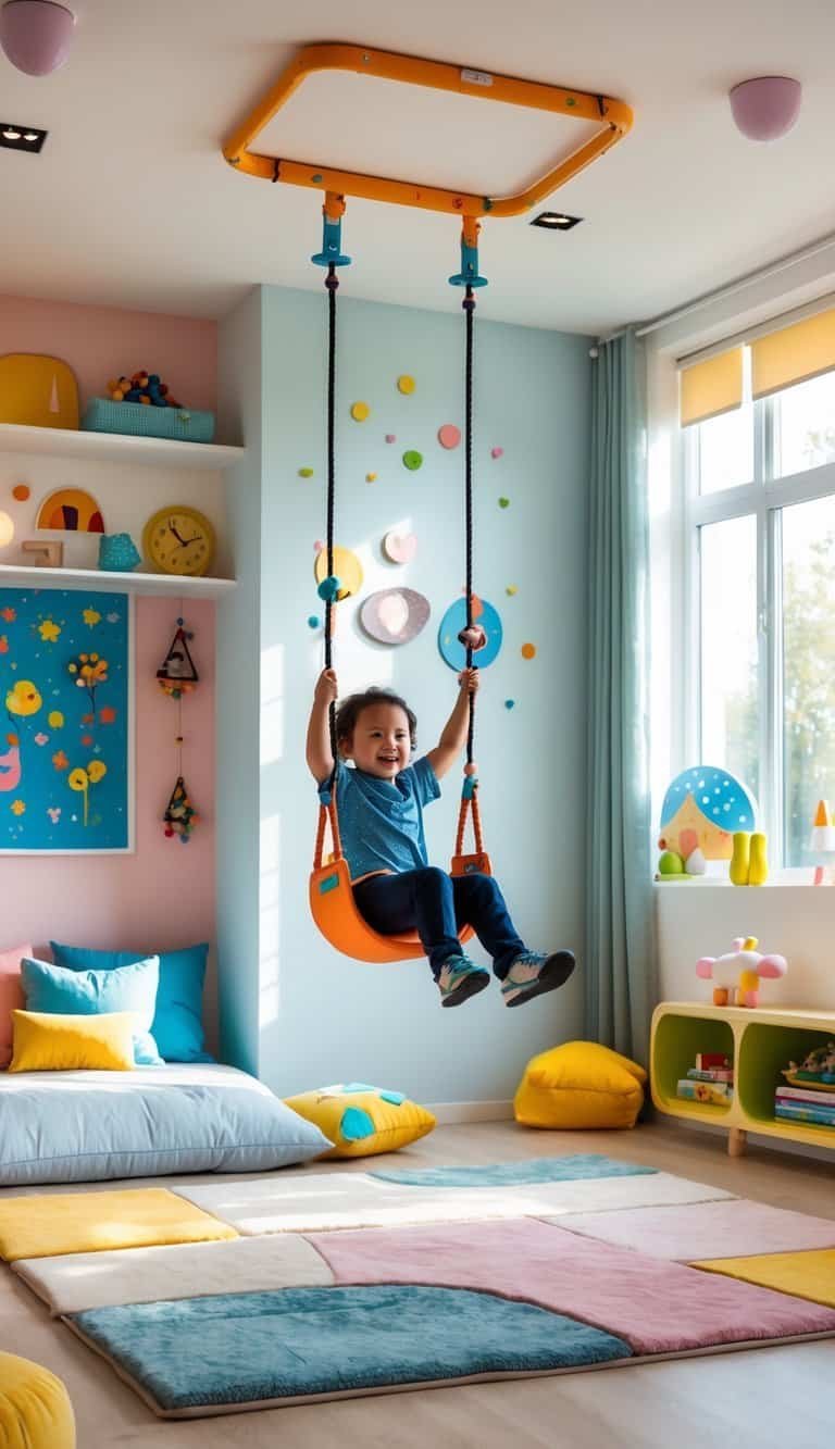 Kids Bedroom Ceiling Design - A child swinging on a ceiling swing in a colorful and playful kids' bedroom.