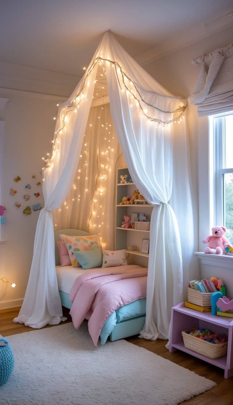 Kids Bedroom Ceiling Design - A children's bedroom with a white fabric canopy hanging from the ceiling, decorated with warm fairy lights, colorful furniture, toys, and a soft rug.