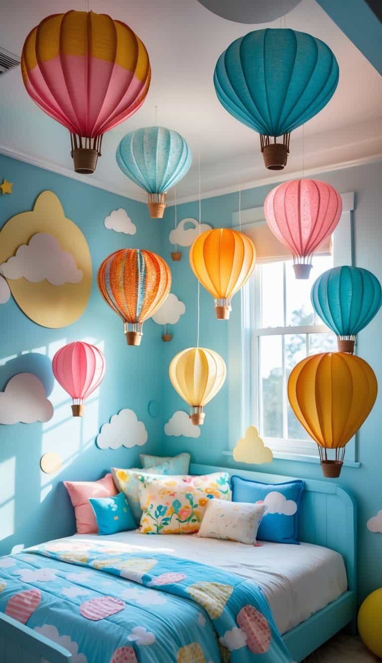 Kids Bedroom Ceiling Design - A kids' bedroom ceiling decorated with colorful hanging hot air balloon art installations and cozy bedding below.