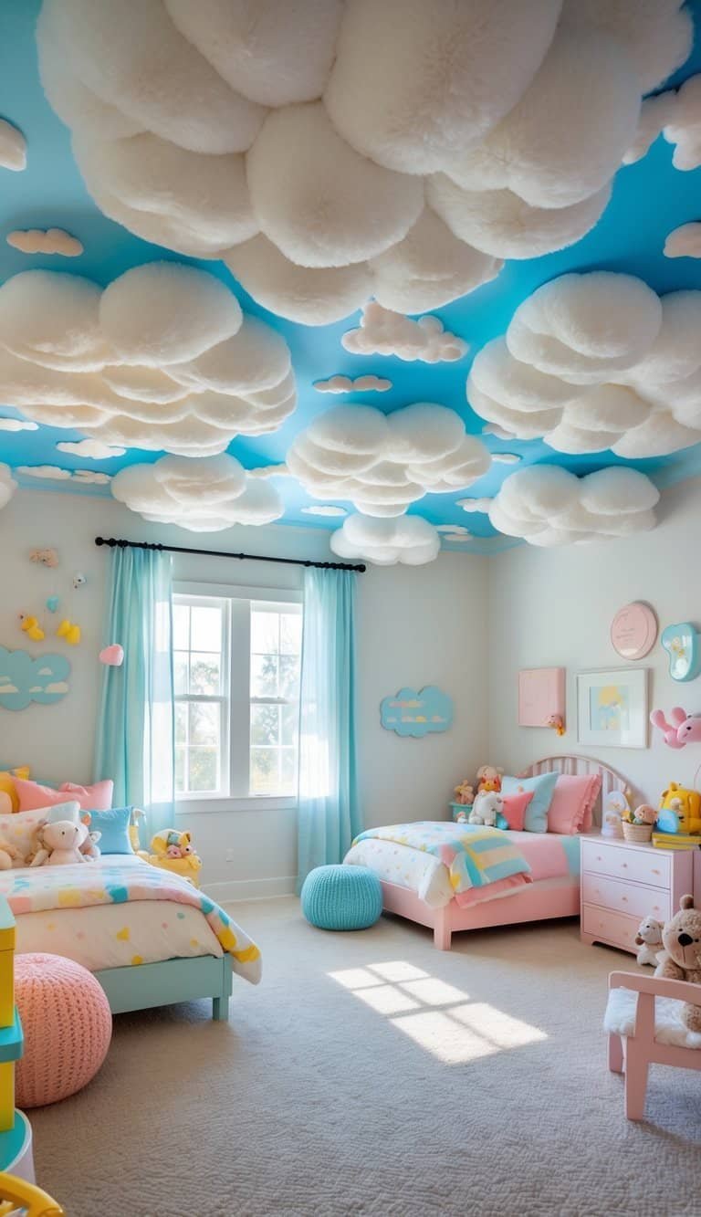 Kids Bedroom Ceiling Design - A children's bedroom with a ceiling decorated with large fluffy cloud shapes and colorful, playful furniture.