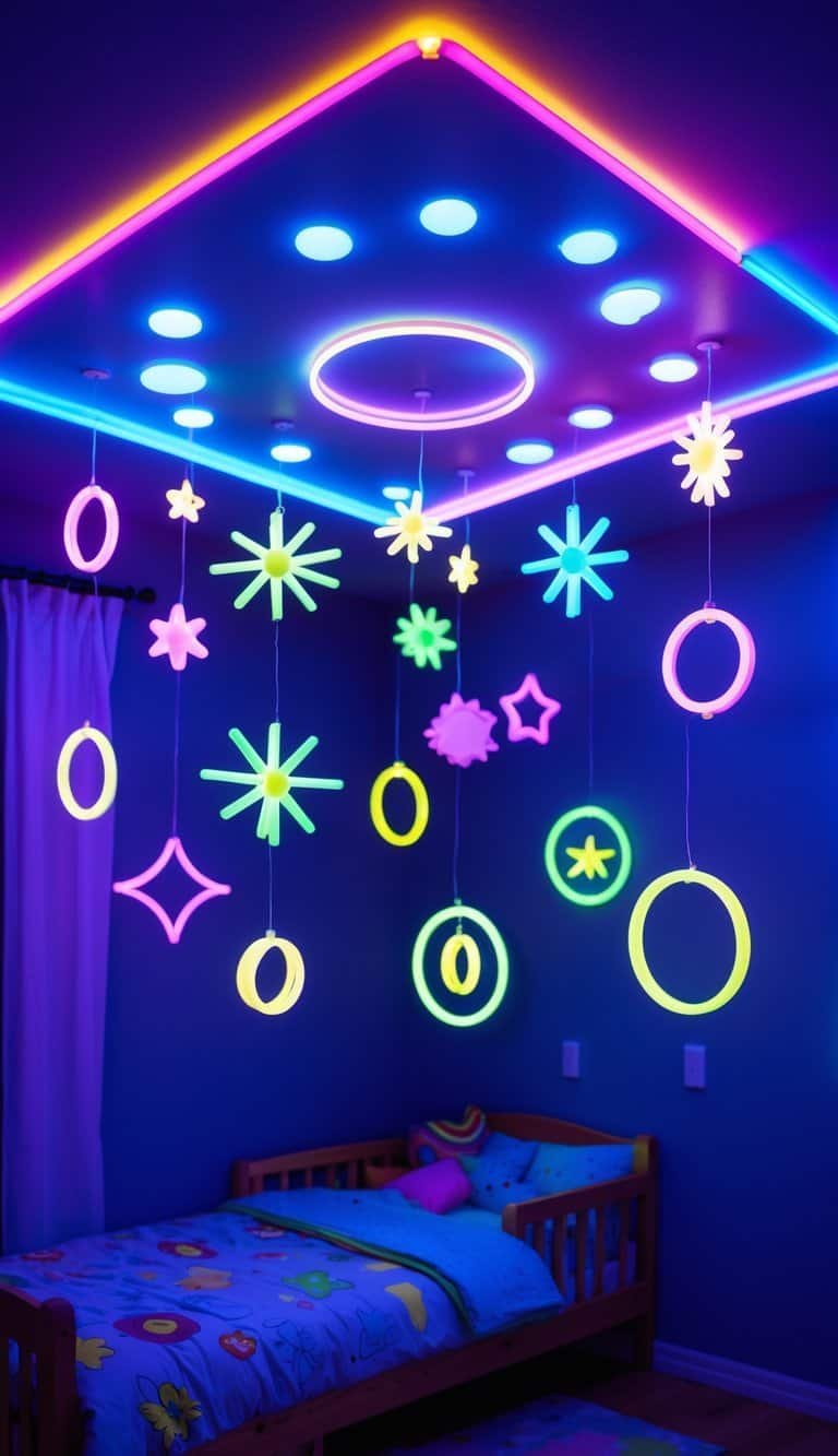 Kids Bedroom Ceiling Design - A kids' bedroom ceiling decorated with colorful glowing stick mobiles hanging and illuminating the room with neon colors.