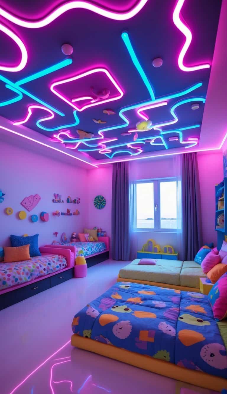Kids Bedroom Ceiling Design - A children's bedroom with colorful beds and a ceiling decorated with glowing neon lights creating a playful atmosphere.