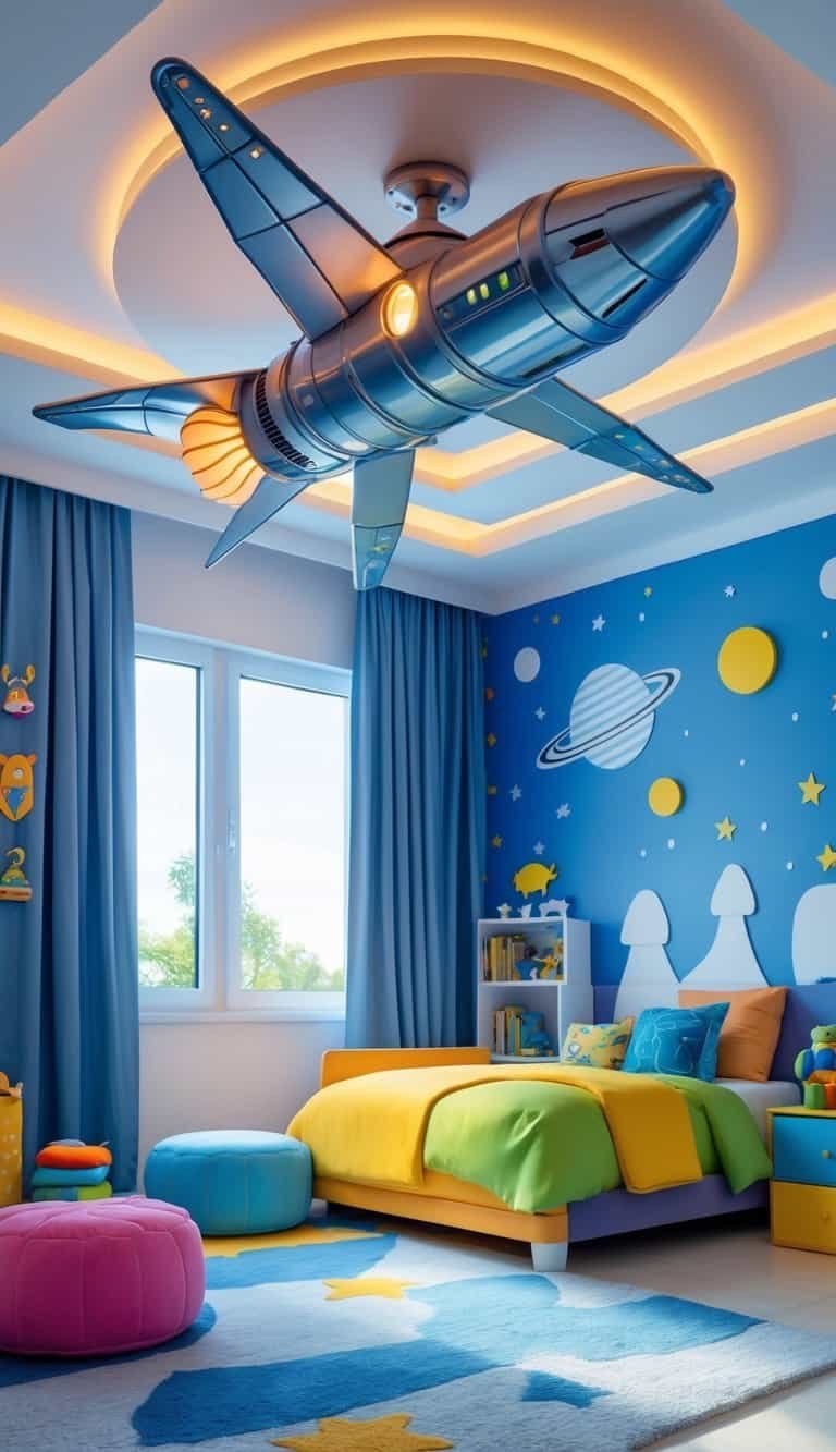 Kids Bedroom Ceiling Design - A children's bedroom with a rocket ship-shaped ceiling fan and space-themed decorations.