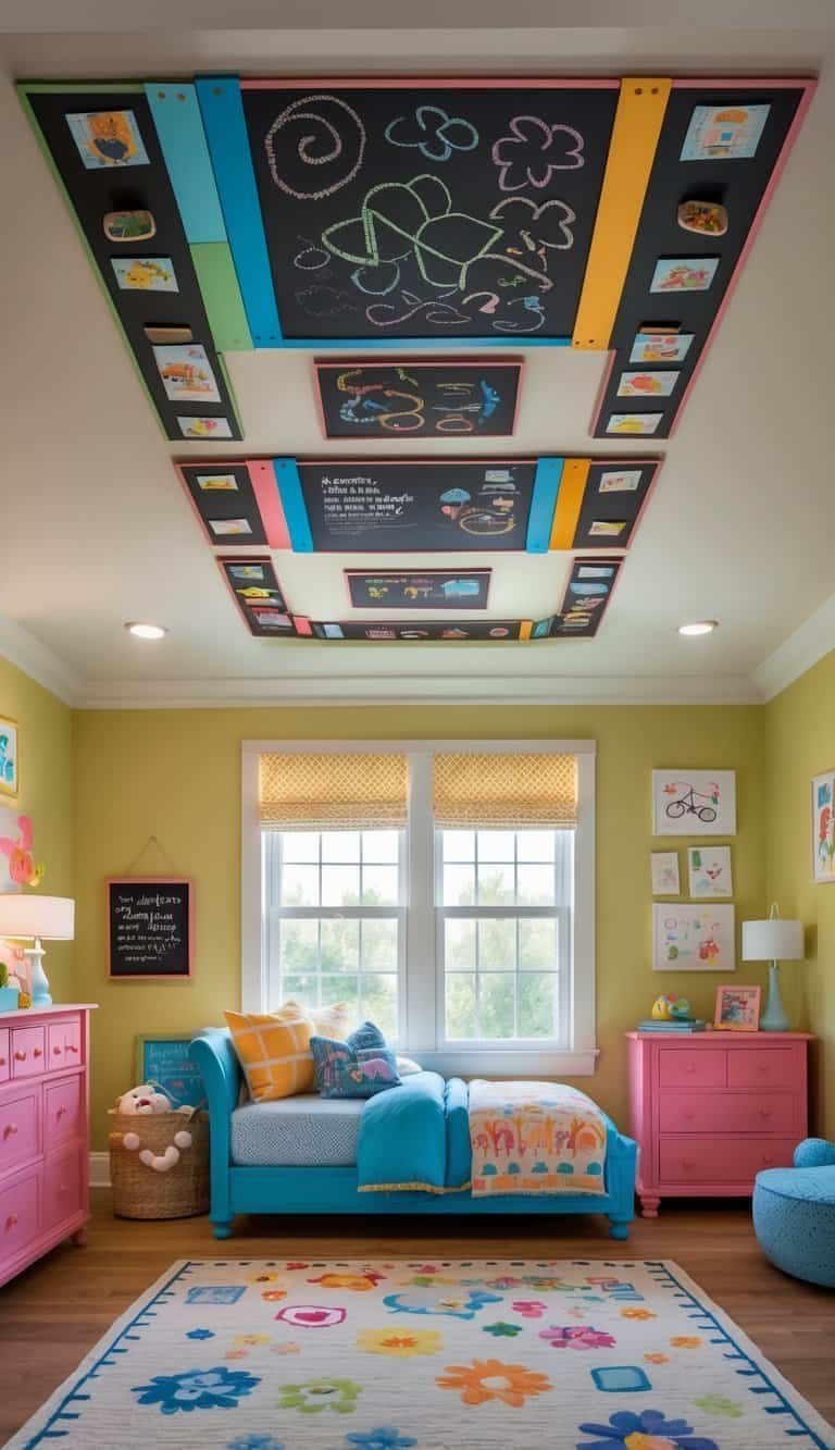 Kids Bedroom Ceiling Design - A colorful kids' bedroom with a ceiling decorated using magnetic chalkboard strips displaying drawings and attached artwork.