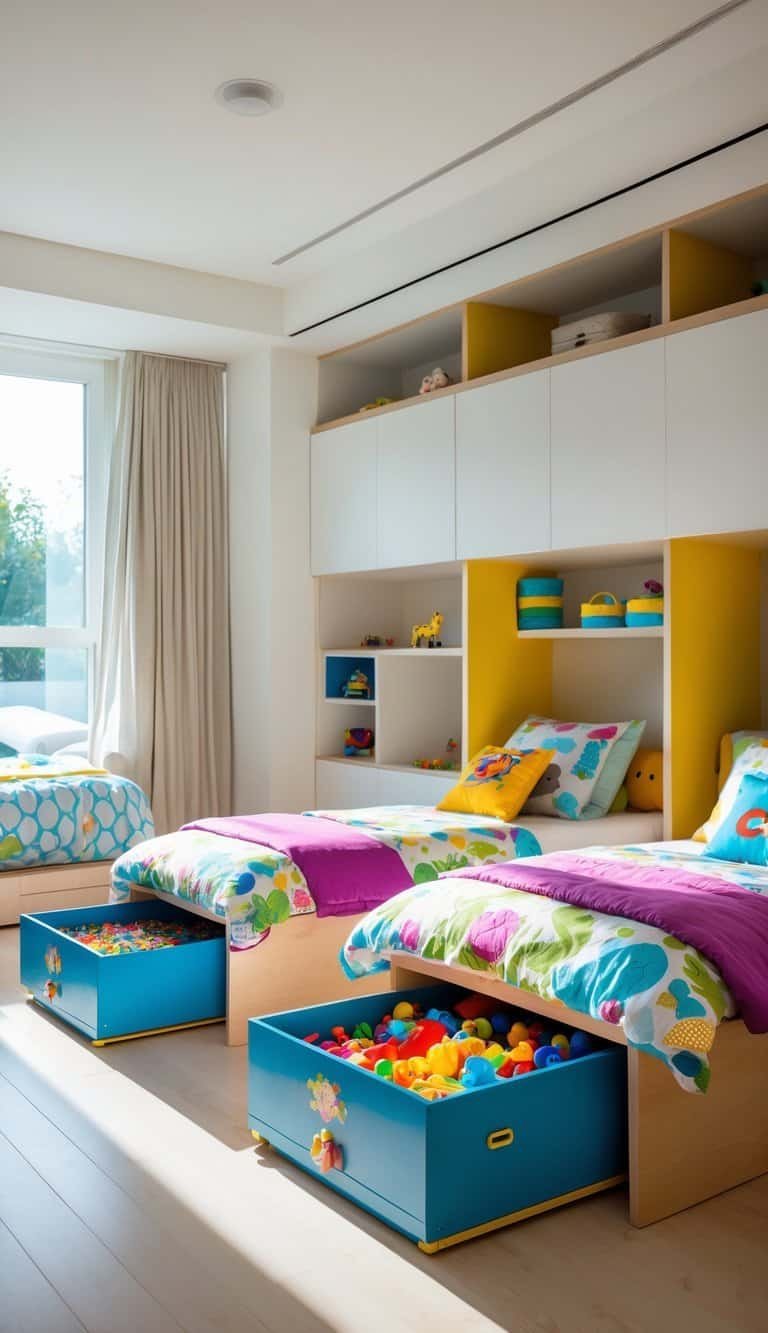 3 Kids Bedroom Design - A children's bedroom with three beds, each having under-bed storage chests filled with toys, showing an organized and spacious room.