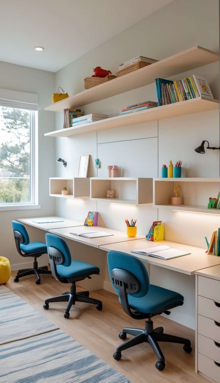 3 Kids Bedroom Design - A children's bedroom with three wall-mounted desks arranged side by side, each with a chair and organized study supplies, designed for homework and space optimization.
