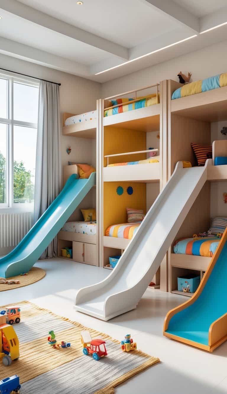 3 Kids Bedroom Design - A children's bedroom with three loft beds, each having a slide, organized with storage underneath and bright natural light.