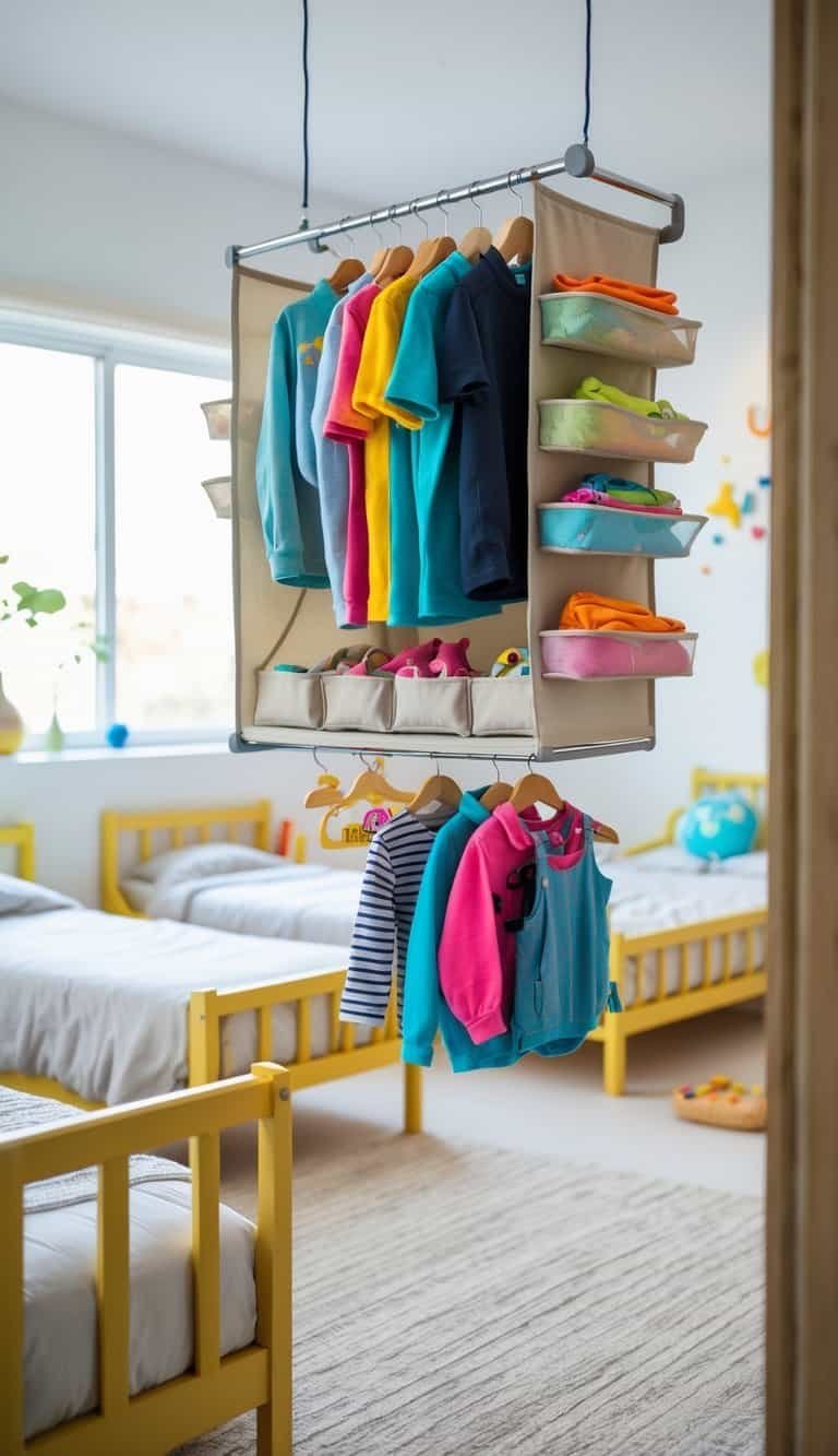 3 Kids Bedroom Design - A clean and organized children's bedroom with three beds and a hanging closet organizer holding neatly arranged clothes.