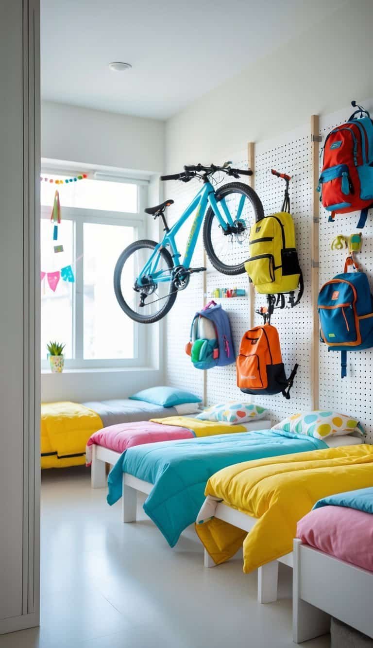 3 Kids Bedroom Design - A tidy kids' bedroom with three beds and a pegboard wall holding bikes and backpacks to save space.