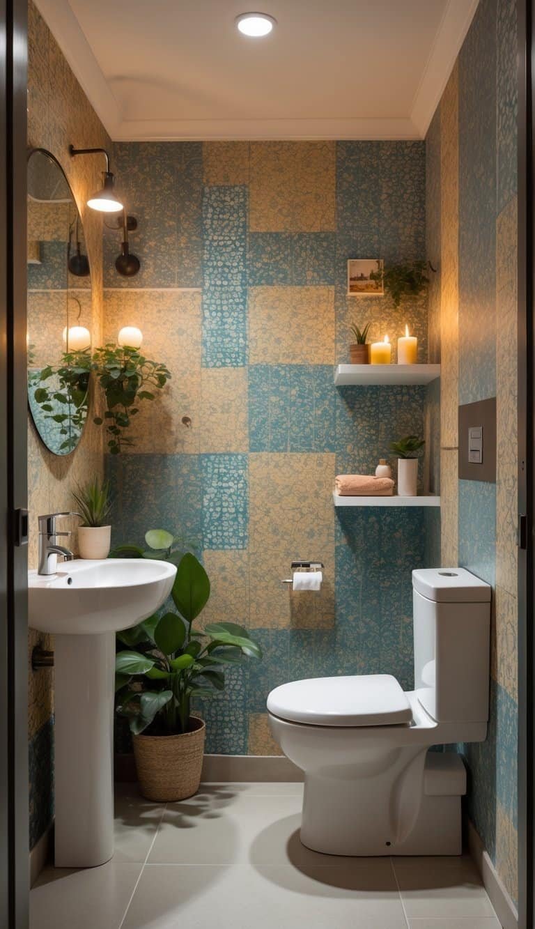 half bathroom wallpaper ideas - A small half bathroom with patterned wallpaper, a pedestal sink, mirror, and decorative items on a shelf.