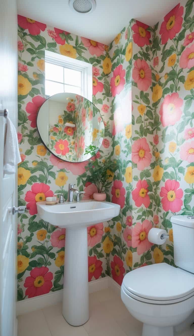 half bathroom wallpaper ideas - A small bathroom with colorful floral wallpaper, a white pedestal sink, a round mirror, and a toilet.