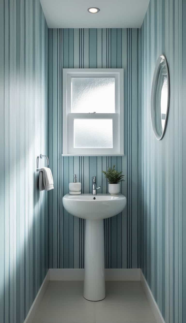 half bathroom wallpaper ideas - A small bathroom with vertical striped wallpaper, a white pedestal sink, round mirror, and natural light coming through a window.