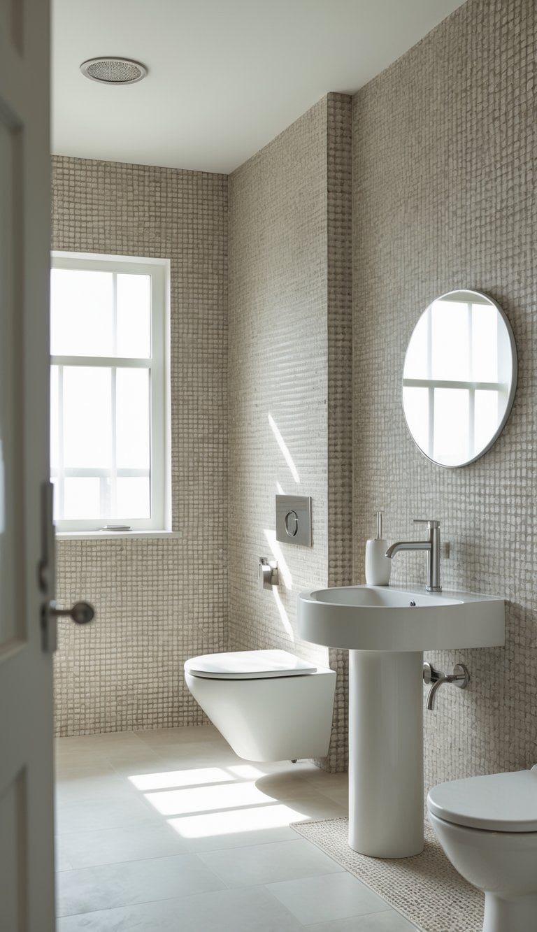 half bathroom wallpaper ideas - A small half bathroom with tiny tile patterned wallpaper, a white pedestal sink, a round mirror, and a compact toilet.