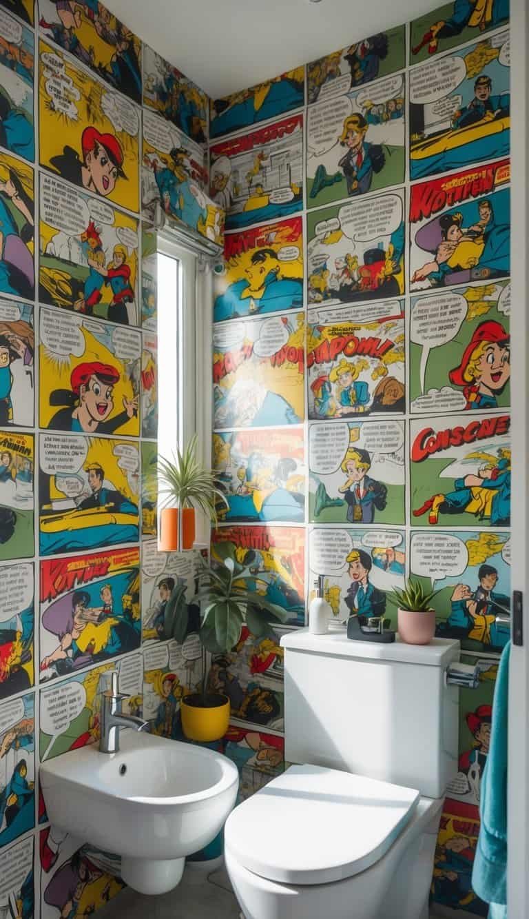 half bathroom wallpaper ideas - A small half bathroom with vintage comic strip wallpaper, a white toilet, a sink with chrome fixtures, and decorative accessories.